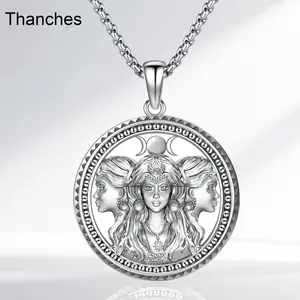 Thanches Hecate Triple Moon Goddess Necklace 925 Sterling Silver Goddess Pendant Witchcraft Amulet with Hekate Wheel Greek Magic Jewelry for Witches Pagans for Women Men