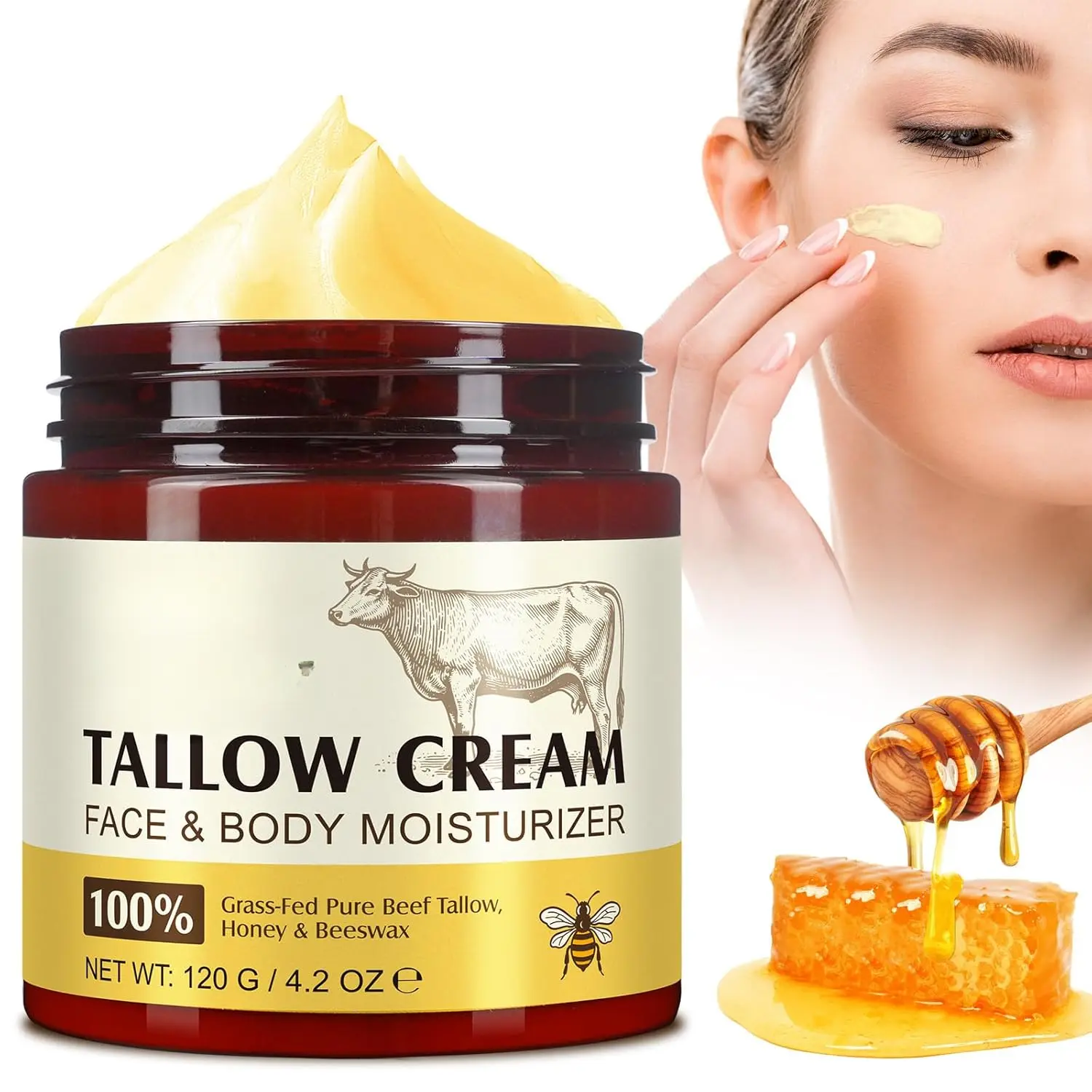 Tallow and Honey Cream Natural Tallow Face Moisturizer, Organic Hydrating Beef Tallow Balm Deeply Moisturizing for Face & Body Skin Care Daily Eczema Hyaluronic Acid Gentle Redness Sensitive