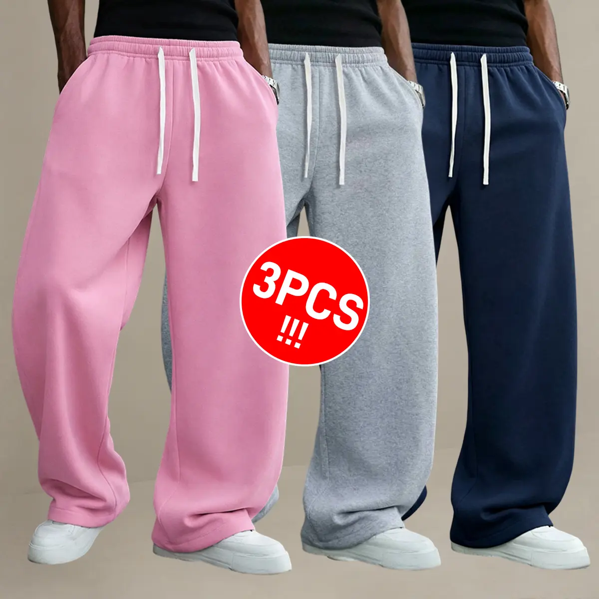 Men's Sporty Chic Sweatpants 3-Pack, Solid Color Retro Wide-Leg Trousers for Seasonless Casual Streetwear, Seasonless Men's Pants