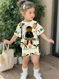 Coconut Grove Uniform Bear Children's Set Digital Print 100% Polyester Infant Short Sleeve Set, Cute Baby Girl Casual Clothing, T-Shirt Suitable for Daily and Outdoor Sports, Perfect Gift for Infants