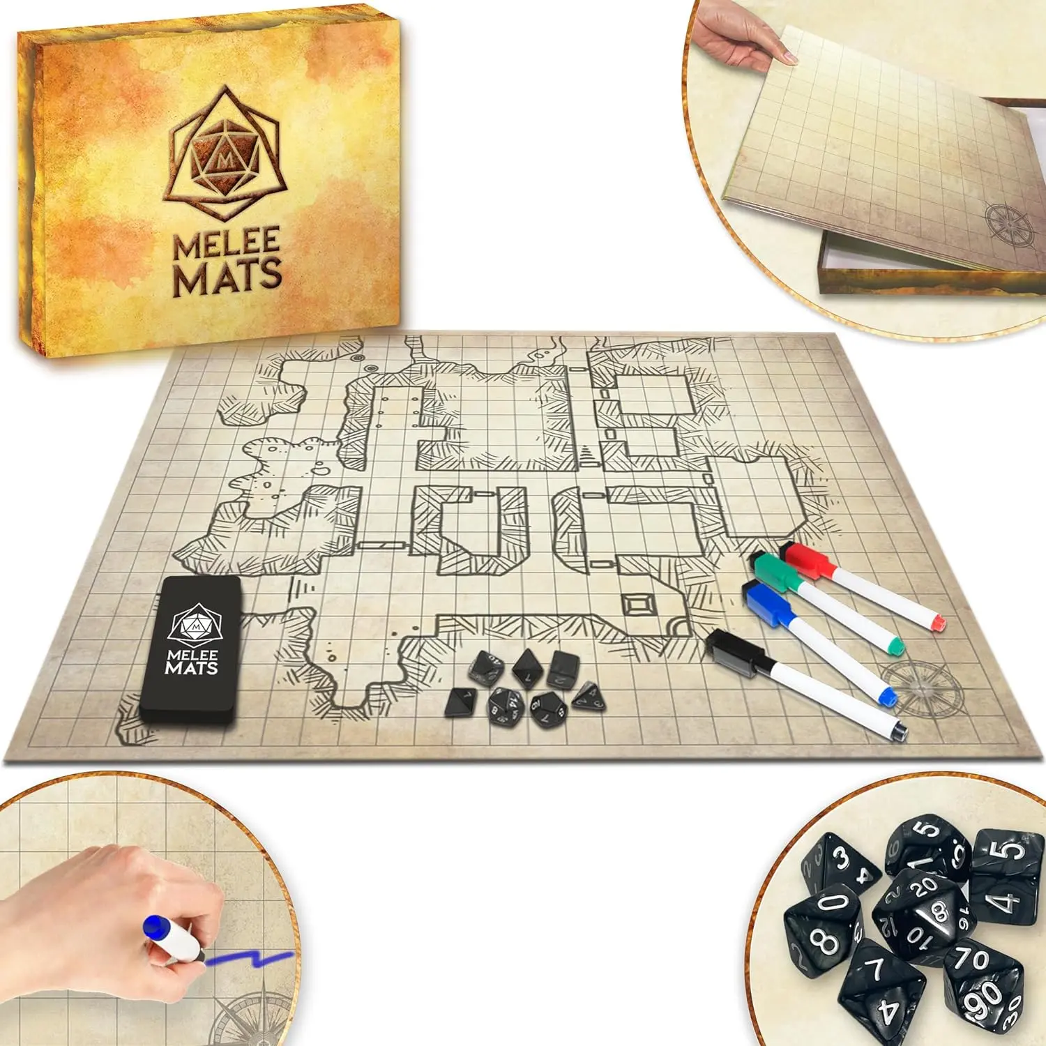 Melee Mats DND Map Starter Set - 23” X 27" Double Sided, Wet & Dry Erase Battle Terrain Grid for Dungeons and Dragons - Tabletop Board Gaming Kit with Accessories
