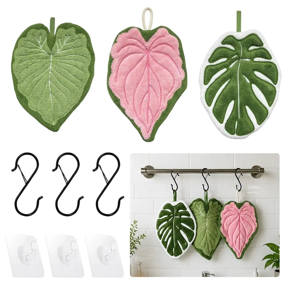 3pcs Tropical Leaf Hand Towels Set with Dual Hanging Accessories, Cute Plant Shape Absorbent Soft Hand Towel for Washroom Kitchen, Decorative Hanging Coral Fleece Hand Towels with S Hooks & Wall Stick Hooks