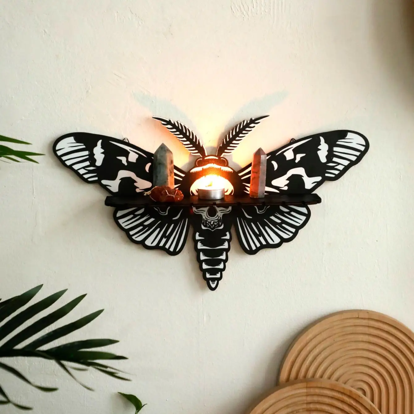Wooden Moth Design Wall Decor, 1 Count Gothic Boho Wall Art, Wall Mounted Ornament Candle Holder for Living Room Bedroom Office Decor
