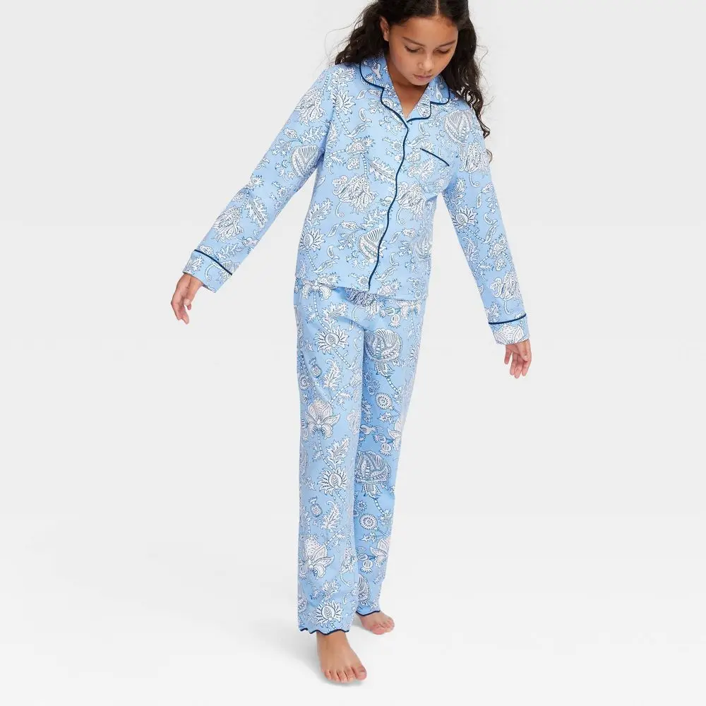 Roller Rabbit Girls' Floral Print Pajama Set - Collared Neck, Full Length Long Sleeves & Pants, Stylish Sleepwear for Kids