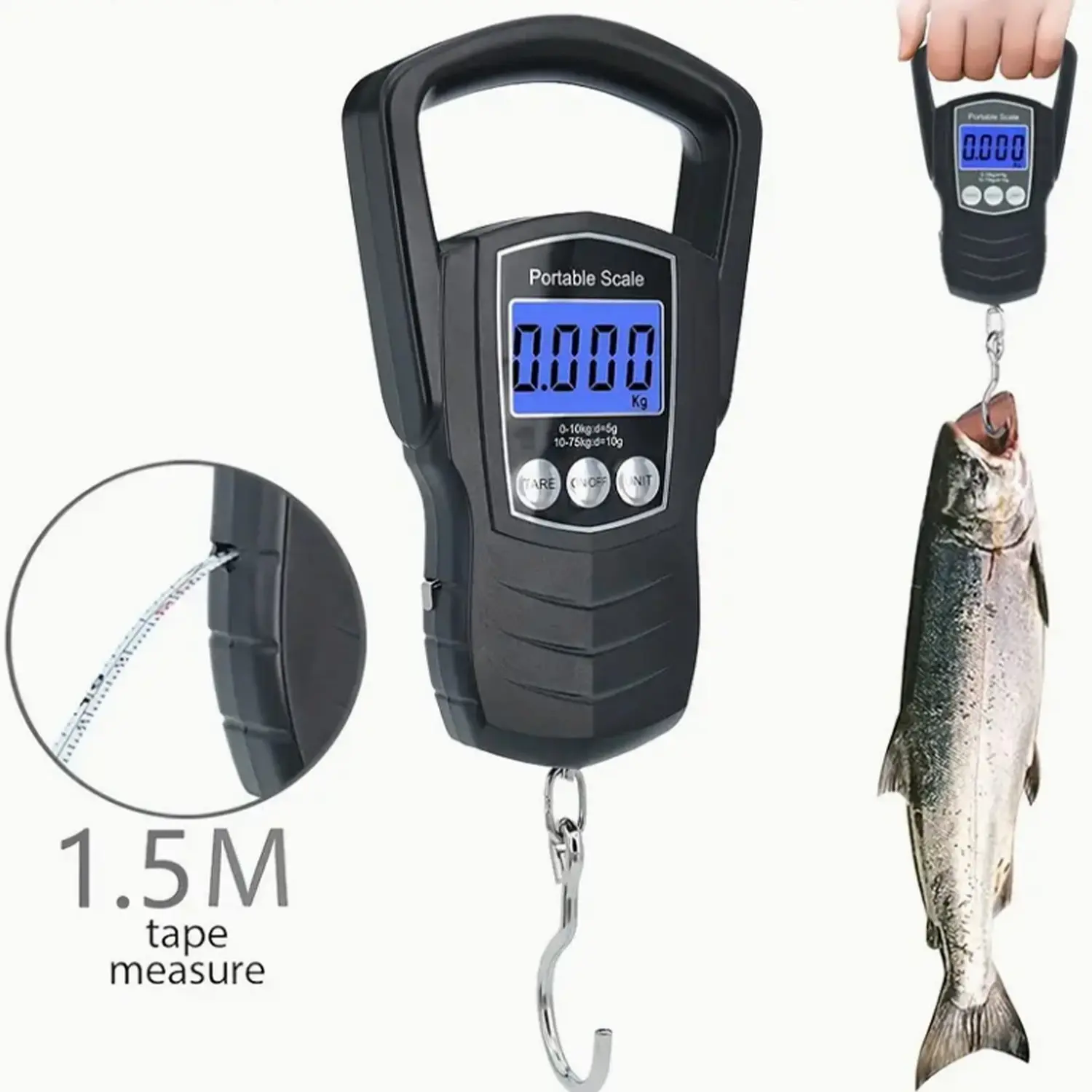 2-In-1 Digital Scale & Fishing Scale, 1.5m Pull Tape, 165lbs/75kg, Comfortable Handle, Professional Fishing Gift, Ideal for Big Fish & Luggage Weighing, Tool