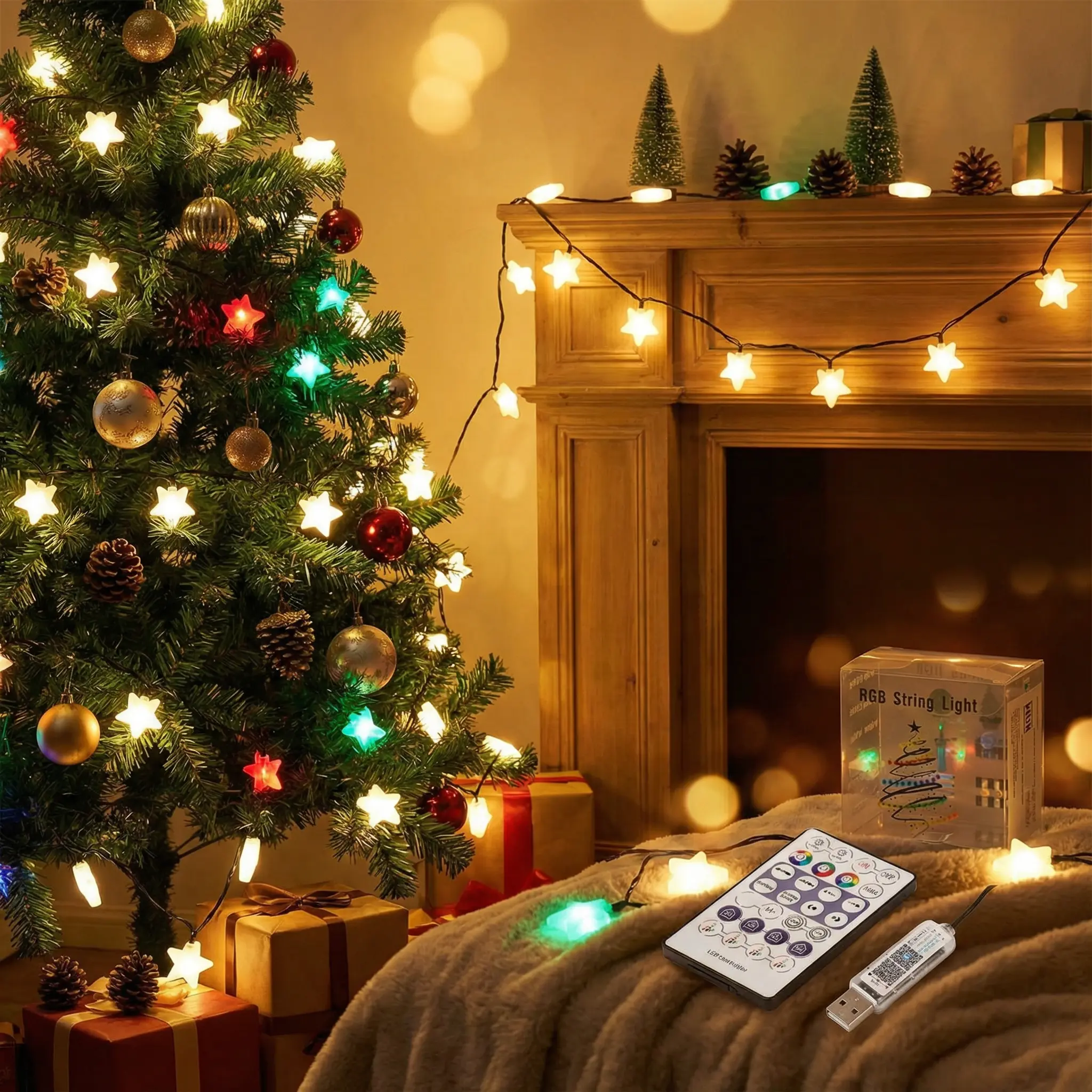 Smart RGB Star String  LED Lights (Select 33ft/66 Lights or 66ft/132 Lights), Bluetooth App + Remote Control, Music Sync, USB Powered 5V 2A, IP68 Waterproof Fairy Lights for Bedroom, Patio, Party, Garden & Christmas Tree Decor, Bedroom