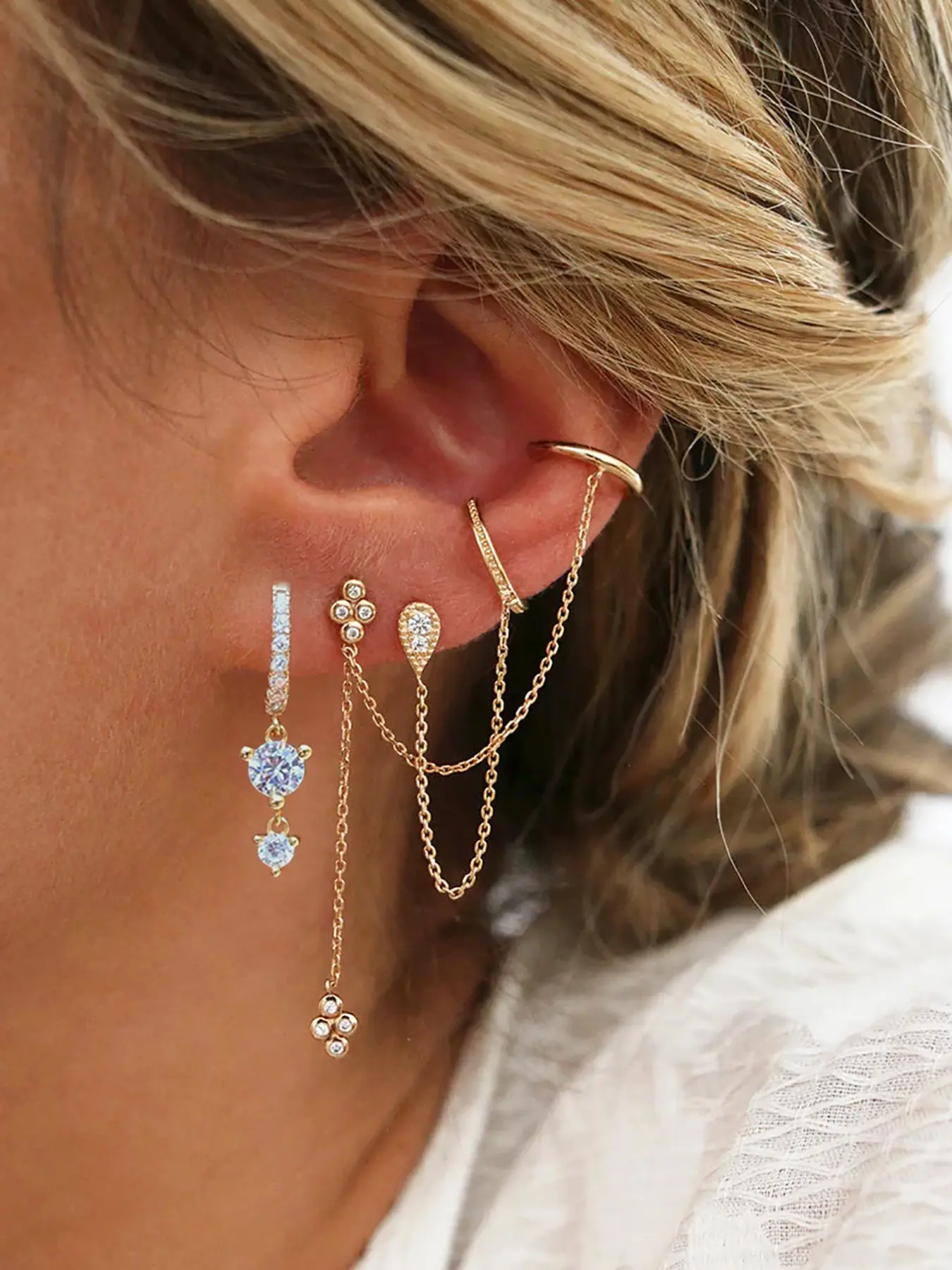 3Pcs Gorgeous 24K Gold Plated Cubic Zirconia Hoop Earrings Set For Women Zircon Flower Floral Stud Earrings Chain Stud Earrings Pack Drop Dangle Earrings Stack Fashion Jewelry Gift