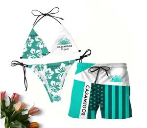 Matching Casamigos Swimwear Set for Couples - Swim Bra & Tie Side Thong Bikini + Men's Beach Shorts, Summer Vacation Swimsuit, Hawaiian Shirt Style, Aloha Beach Outfit, Casual Shorts, Gift for Men Women