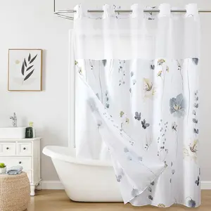 Flower Shower Curtain with Snap in Fabric Liner, Grey Watercolor Floral Cloth Bath Curtains, No Hook Shower Curtains with Mesh Top Window, Fabric  Bathroom Curtain Set, 72 x 75 Inch