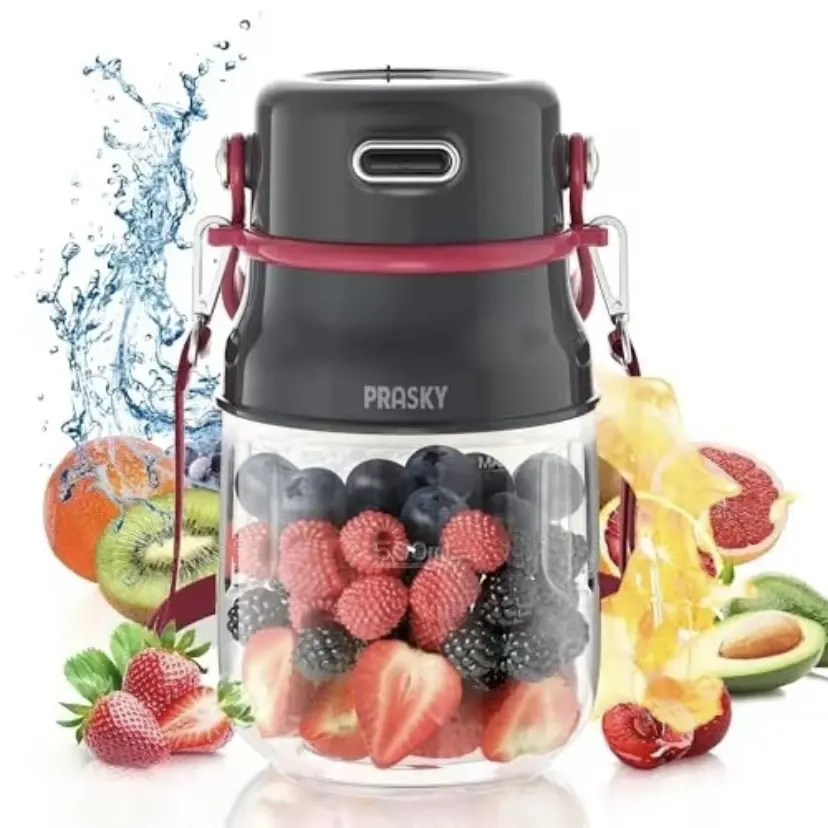 Prasky Portable Blender, Type-C Rechargeable blender, Mini Blender, Personal Blender for Fresh Juice, Smoothies & Protein Shakes with Extra Lid and Shoulder Strap, Dishwasher Safe Parts, Ideal for Gym/Travel/Kitchen/School/Driving