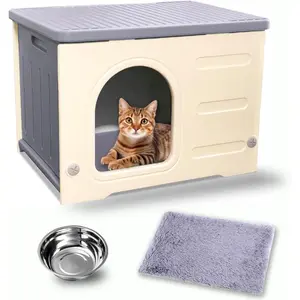 Plastic Gray Cat House for Indoor and Outdoor Use Stackable Insulated Weatherproof Waterproof Elevated with Cat Food Bowl and Cushion Ideal for Feral Cats
