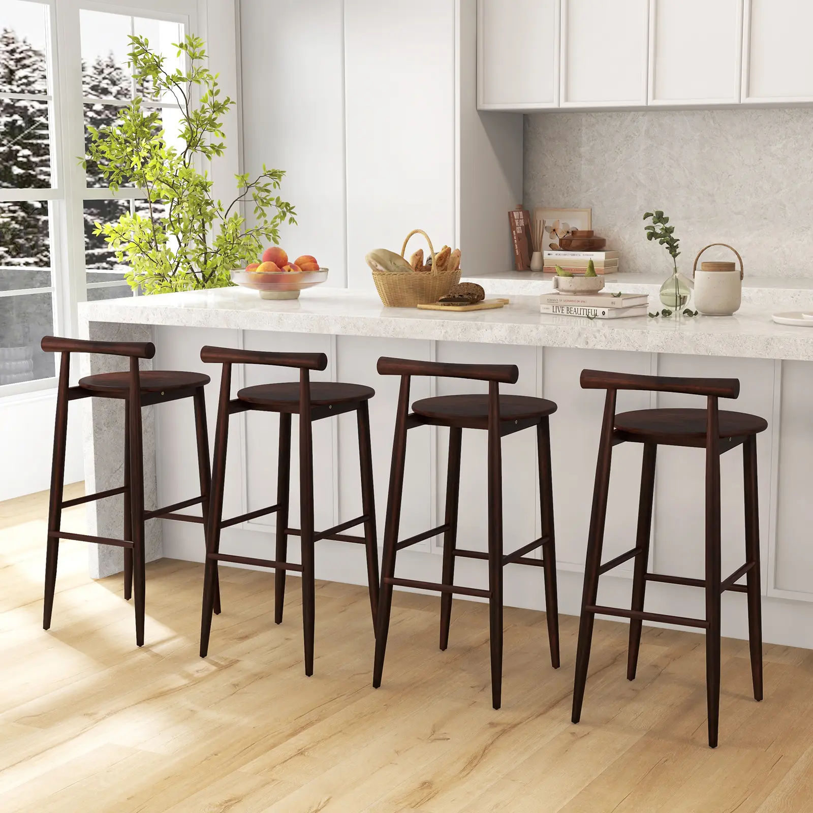 COSTWAY - Wooden Bar Chair Set of 2 with Backrest and Footrest for Home Restaurant Cafe-Brown