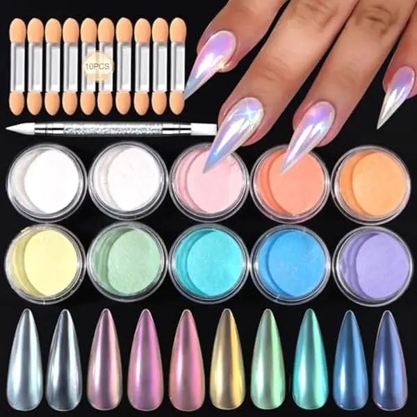 10 Colors Mermaid Pearl Chrome Nail Powder, Iridescent Aurora