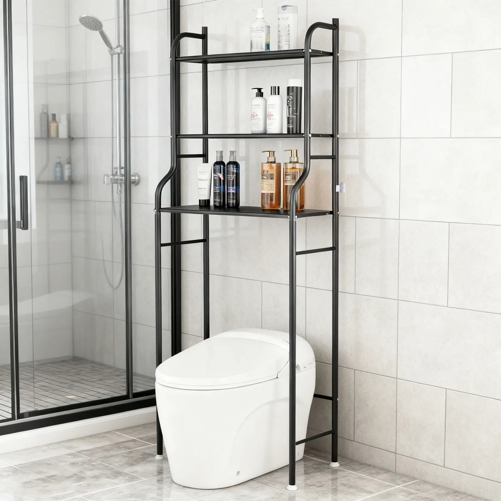 3-Tier Over The Toilet Storage Organizer, Space-Saving Bathroom Rack with Paper Holder & 4 Hooks, 64" Tall Freestanding Carbon Steel Shelf for Small Apartment Laundry Room (White)