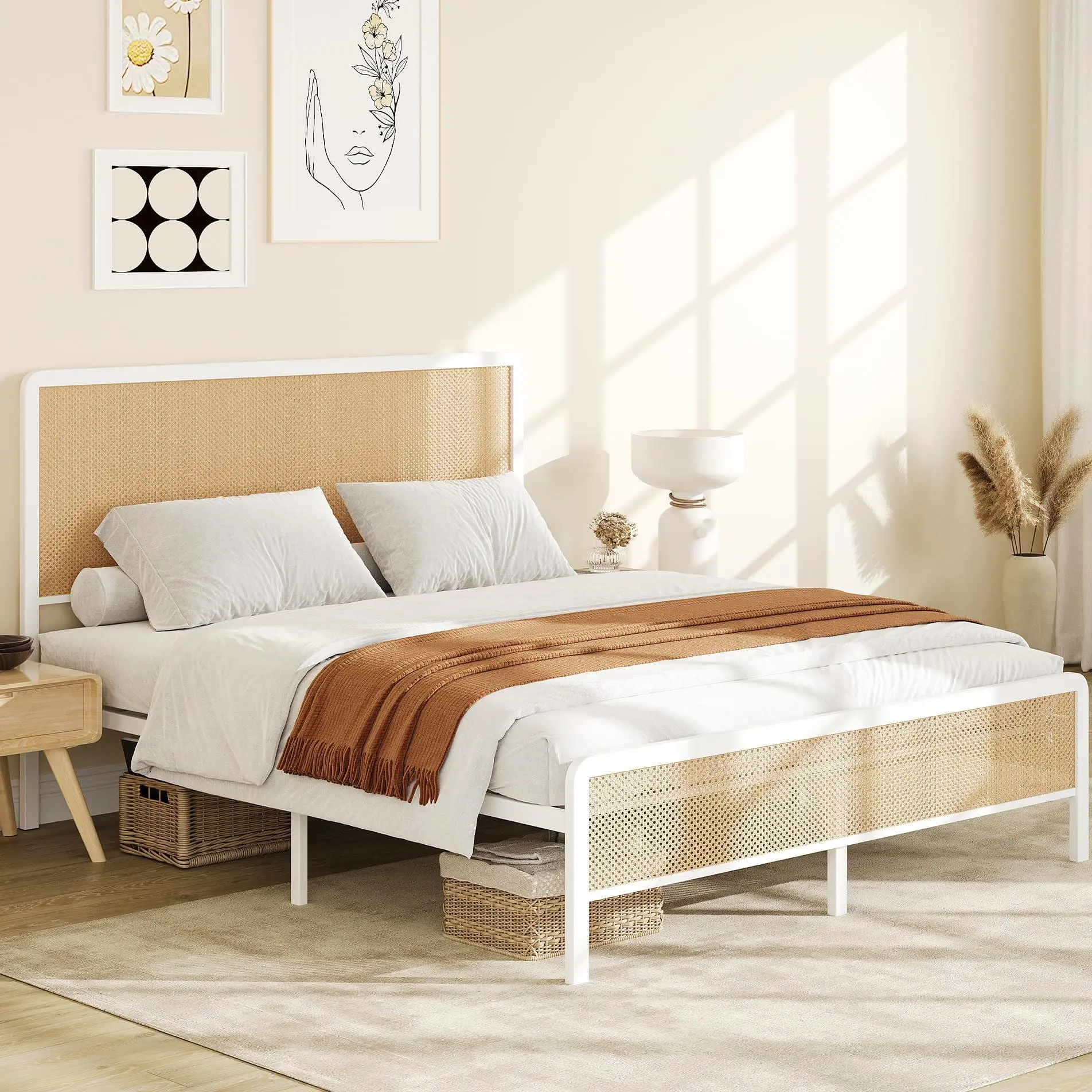GARVEE Queen Rattan Bed Frame with Rattan Headboard, Modern Style Cane Boho Platform Bed Frames with Under Bed Storage, Easy Assembly Mattress Foundation, No Box Spring Needed, Noise Free, White