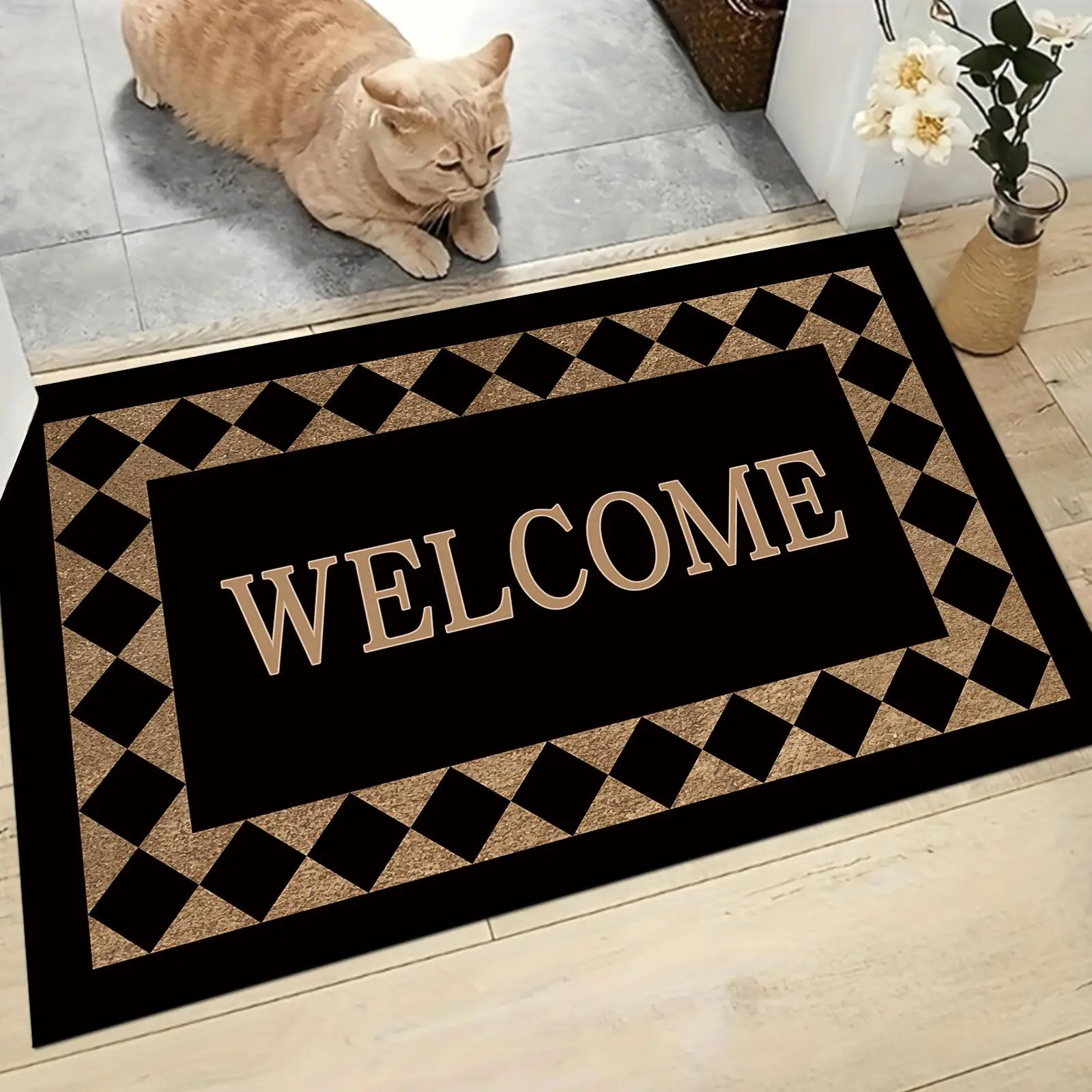 Welcome Letter Pattern Door Mat, Non-slip Water Absorbent Floor Rug, Decorative Carpet for Home Entrance Living Room Bedroom
