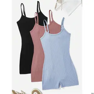 SetWomenSolidRibbedCamisoleRomperUnitard tiktokEZwear3pcs