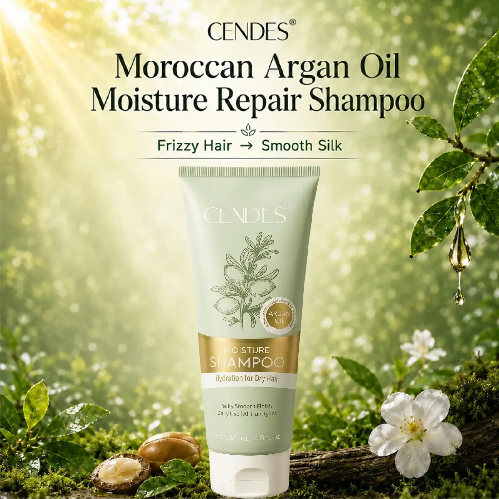 CENDES Organic Moroccan Argan Oil Moisture Repair Haircare Shampoo - Gentle Hydrating Cleanser & Moisturizer for Heat-Styling Damage, Dry Frizzy Hair, Strengthens, Reduces Breakage, Plant-Powered, 8fl.oz., Liquid