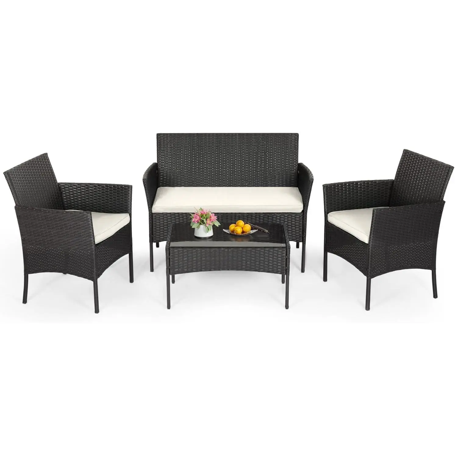 FDW 4-Piece Modern Black Weather-Resistant Wicker Rattan Outdoor Furniture Set with Coffee Table, Outdoor Seating for Porch, Garden