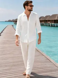 Men's Linen Long Sleeve Shirt, Casual Style, Breathable Loose Fit, Button Front, Summer Beach Vacation Wear, Daily