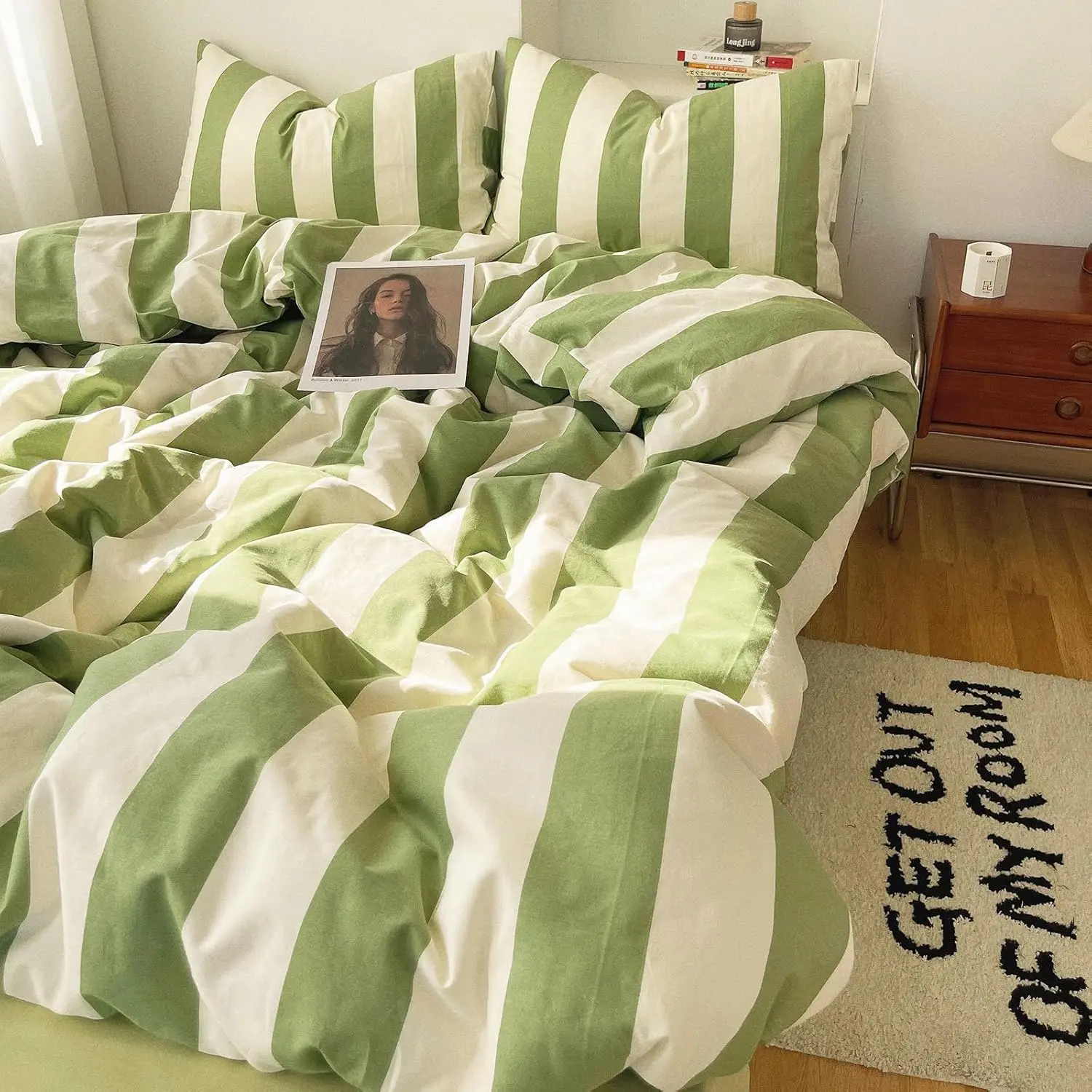 3 Pieces Queen Size Striped Duvet Cover Set, 100% Washed Microfiber Sage Green White Stripes Printed Comforter Cover, Soft Breathable Farmhouse Striped Bedding Set 3 Pieces Queen Size Striped Duvet Cover Set, 100% Washed Microfiber Sage Green White Stripes Printed Comforter Cover, Soft Breathable Farmhouse Striped Bedding Set