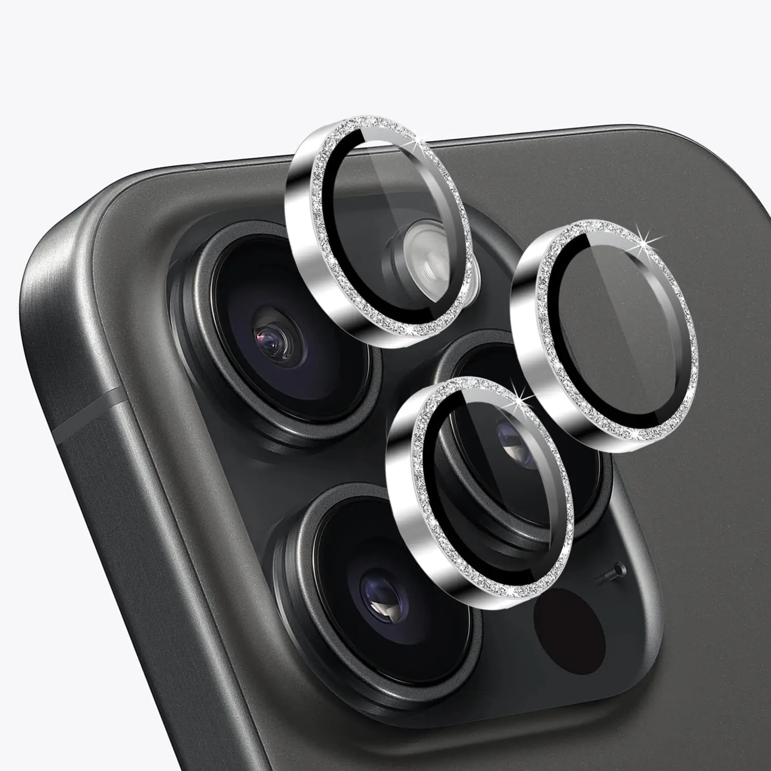 Camera Lens Protector for  15 Pro &  15 Pro Max, 9H Tempered Glass Camera Screen Cover,  Glitter Metal Individual Ring
