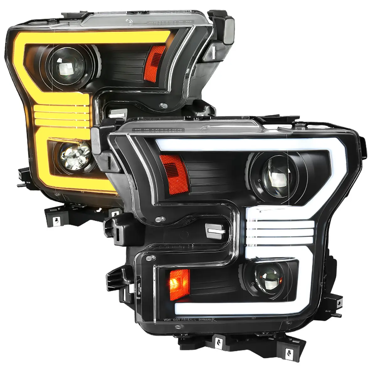SPEC-D TUNING LED Bar Projector Headlights for 2015-2017 F-150, 1 Pair, Black Housing/Clear Lens, Switchback Sequential Turn Signals, H7 12V/55W High Beam, H7 55W Ready, Button to Change Style