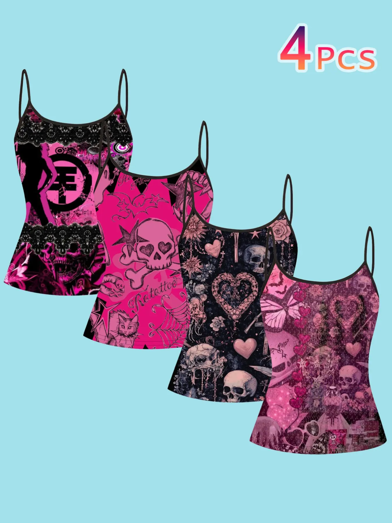 4 Piece Set Dark Cool Skull Heart Print Casual Fashion Sleeveless Strapless Top, Gothic Style Goth Clothes Inner Layer Outer Wear, Slim Fit Casual Spaghetti Strap Tank Tops for All Seasons