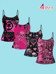 4 Piece Set Dark Cool Skull Heart Print Strapless Top, Gothic Style Inner Layer Outer Wear, Slim Fit Casual Tank Tops for All Seasons