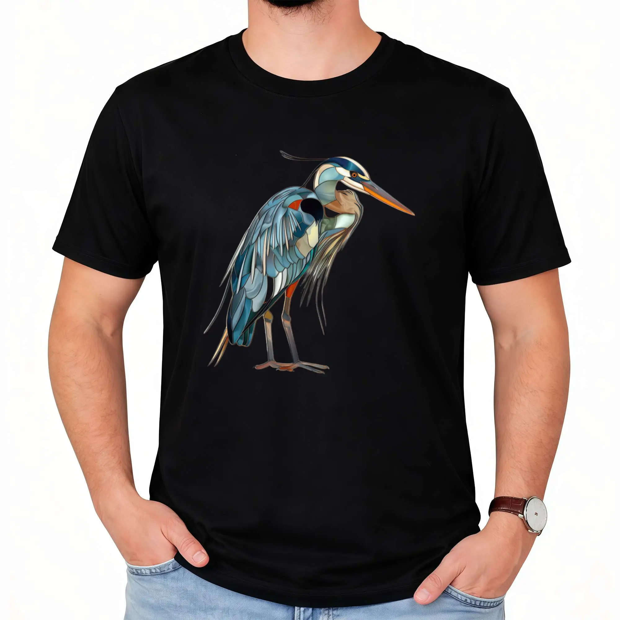 Men'S Unisex Great Blue Heron Stained Glass Print T-Shirt Casual Round Neck Short Sleeve Tee with Blue Heron Egret Design Versatile Clothing Artistic Design ComfortaRetro Machine Washable