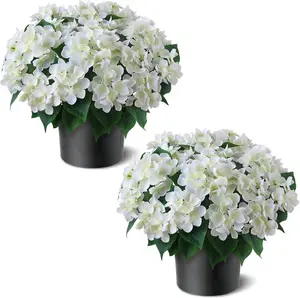 Artificial Hydrangea Flower Topiary - Faux Silk Flower Potted Plant, UV Resistant Fake Hydrangea Bush for Front Door, Farmhouse,, Porch (White)