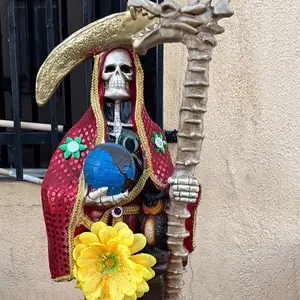 Holy Death Statue Red Color 30 Inch with Golden Scythe and Floral Accents for Decor