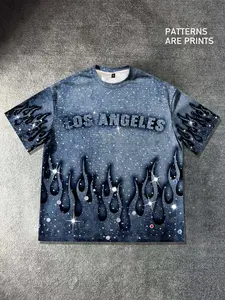 Los Angeles English flame short sleeved t-shirt men's letter geometric full print shirt t-shirt unisex, aesthetic European and American street casual Streetwear trendy brand casual summer shirt party nightclub short sleeved shirt