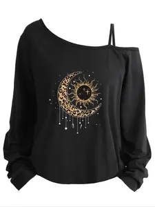 Plus Size Women's Casual Loose-Fit Long Sleeve Top, Asymmetrical Neckline Spaghetti Strap T-Shirt, Cartoon Print, All Seasons Wear