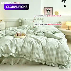 3pcs Classic Blue Plaid Bedding Set, Soft ruffles duvet cover and Pillowcases(without any filling), Zipper Design, Easy Wash, Comfortable Fabric, All Seasons, Soft Bedding Sets, Bedroom Bedding Set