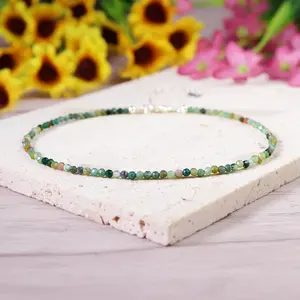 Natural Indian Agate 2mm Beads Ankle Bracelet Healing Reiki Women Men Crystal Handmade Sliver Foot Chain Anklet Gifts