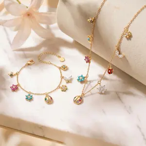 Lucky Ladybug Belle Clover Flower Charm Bracelet and Necklace Set Summervibe Elegant Trendy for Positive Energy 14K Gold Plated Jewelry Set for Women for Her