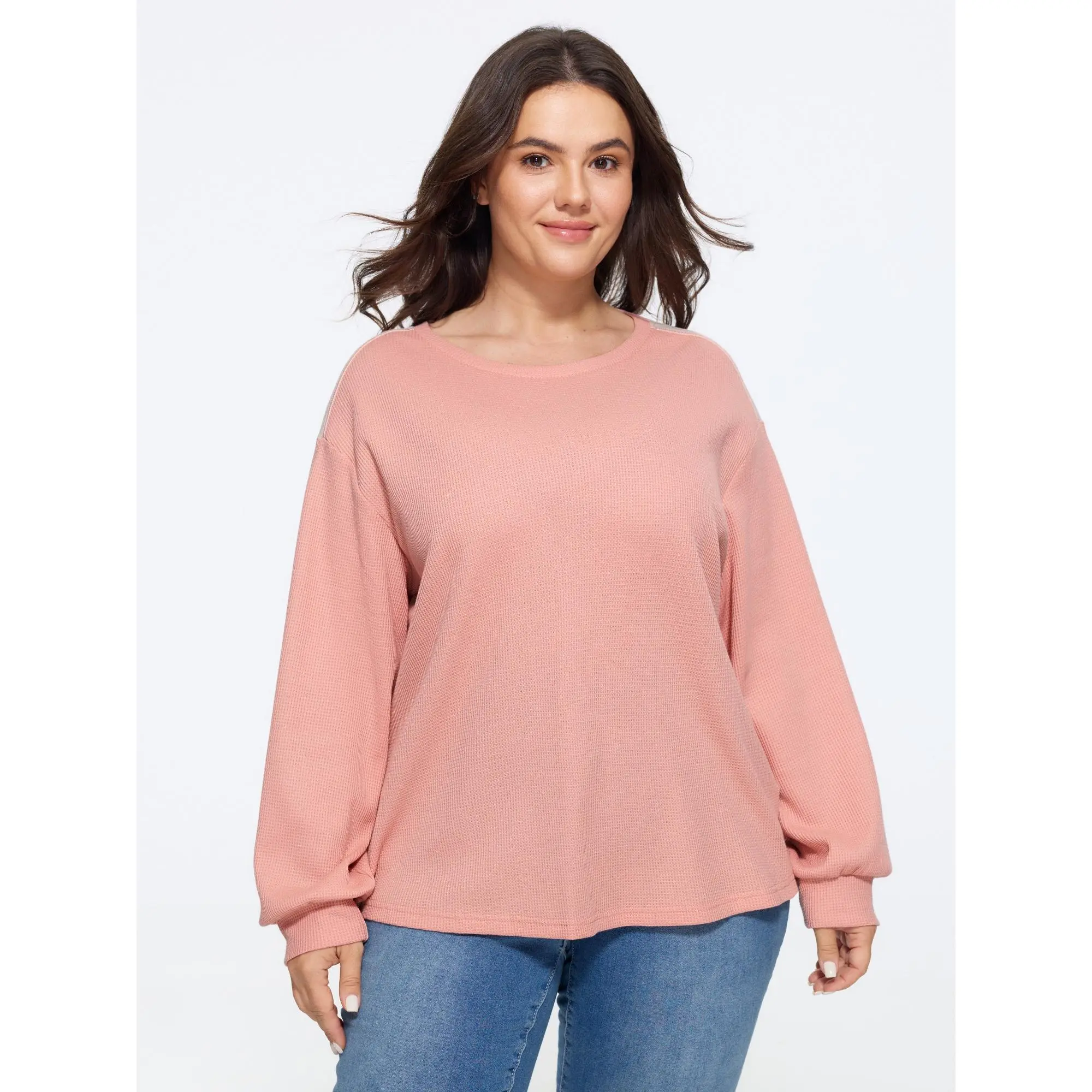 BLOOMCHIC Plus Size Color Block Waffle Knit Crew Neck Sweatshirt[M-6X]Summerfinds