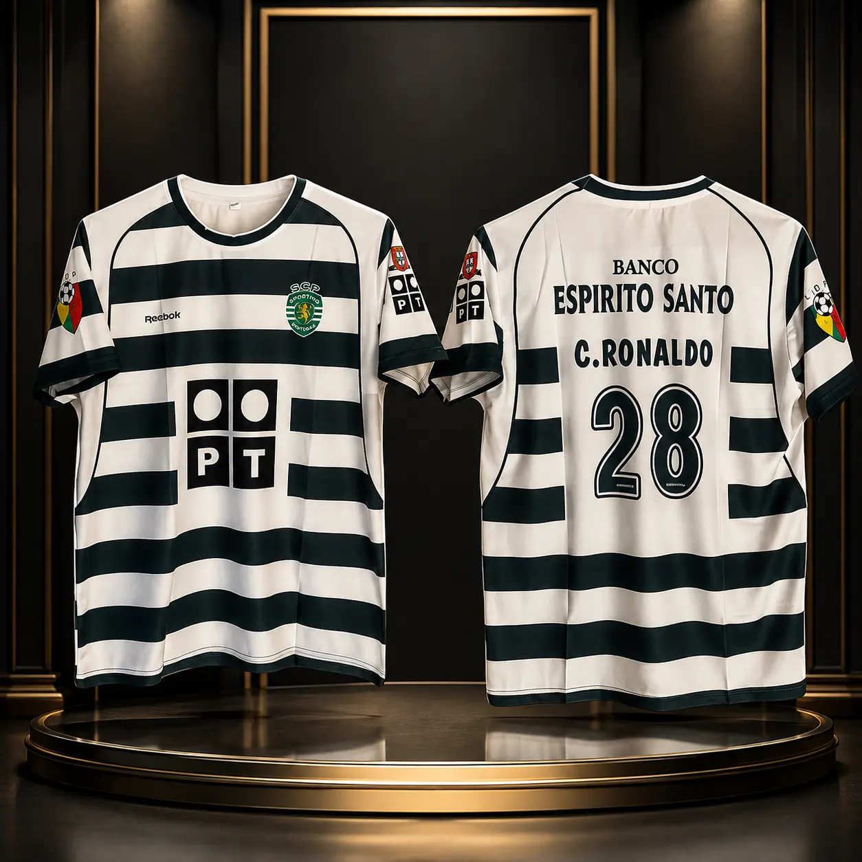 Reebok Sporting CP Home Jersey C Ronaldo 28 Banco Espirito Santo PT Striped Football Shirt