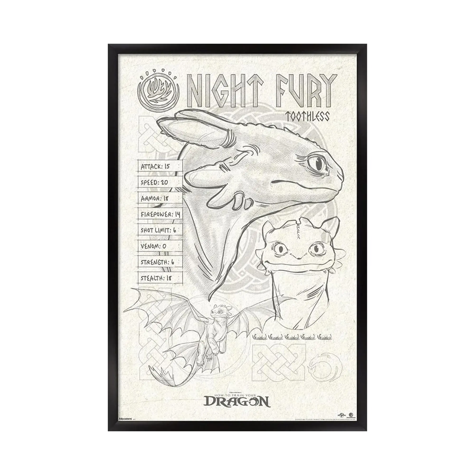 Night Fury Stats Poster, Toothless Sketch Wall Art, For Dragon Lovers, Movie Lovers, Gift for Friends, Room Decoration, Detailed Drawings With Scientific, Mystical, Cartoon Colors