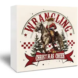 Santa Western Wooden Sign - Retro Western Santa Christmas Holiday Decor, Rustic Christmas Wooden Box Sign for Home Kitchen Bathroom Table Desk Shelf Decoration, 5x5 Inch
