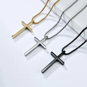 Viking Crucifix Motif Titanium Steel Pendant Necklace with 60cm Chain, 3-Color Options, Stainless Steel Allergy Prevention, Giftbox-Included Jewelry for Men, Crucifix Motif Necklaces