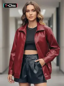 Women's Solid Pocket Zip Up Loose Fit Pu Leather Jacket, Street Fashion Long Sleeve Collared Outerwear for Daily Outdoor Wear, Ladies Clothes for Fall & Winter, Coat, Womenswear