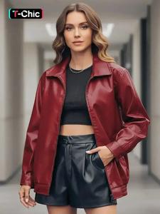women's solid pocket zip up pu leather jacket, street minimalist fashion chic casual long sleeve collared outerwear for daily outdoor wear, ladies clothes for fall & winter, womens clothes, coat, going out tops, longsleeves womenswear
