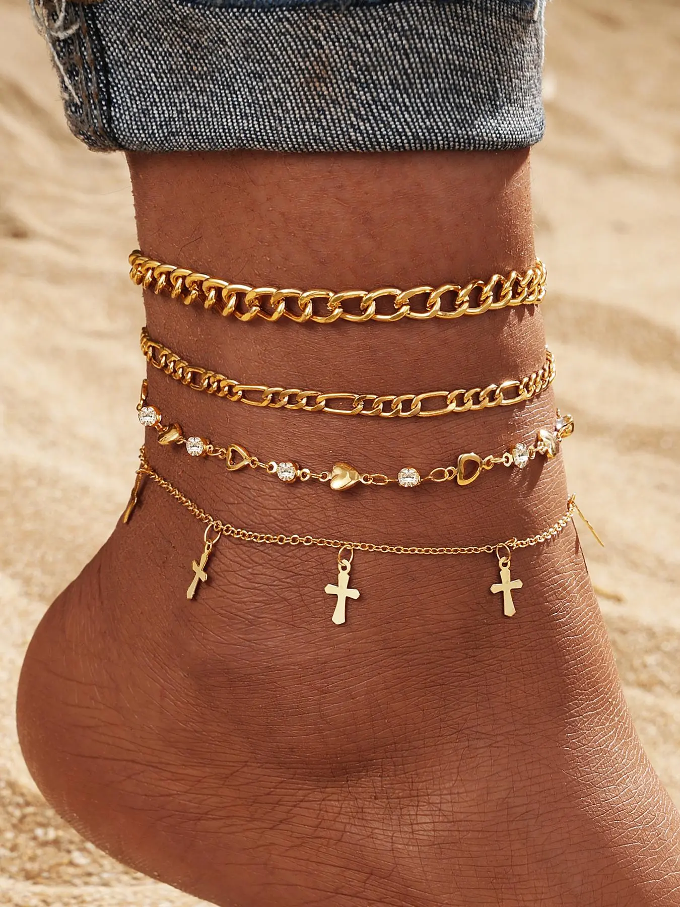 Fashion Cross Charm Anklet for Women & Girls (4pcs), Dainty Layered Anklet, Style Rhinestone Inlaid Fashion Foot Jewelry for Party, Daily Clothing Decor, Jewelry for Birthday Gift, Jewelry Accessories, Fashion Cool Accessories