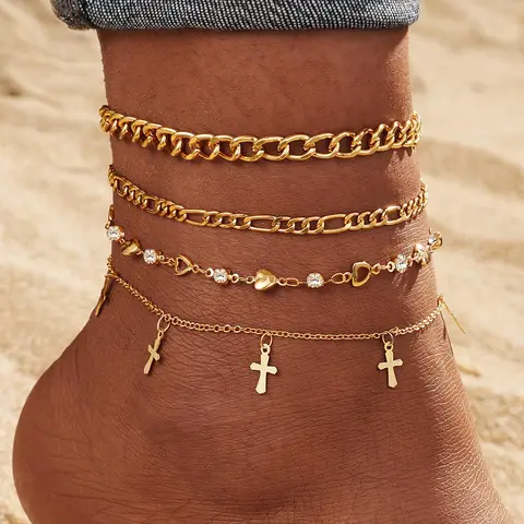 Fashion Cross Charm Anklet for Women & Girls (4pcs), Dainty Layered Anklet, Rhinestone Inlaid Fashion Foot Jewelry for Party, Daily Clothing Decor, Fashionable Accessory, Jewelry Accessories, Fashion Cool Accessories, Trendy Jewelry