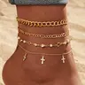 Fashion Cross Charm Anklet for Women & Girls (4pcs), Dainty Layered Anklet, Rhinestone Inlaid Fashion Foot Jewelry for Party, Daily Clothing Decor, Fashionable Accessory, Jewelry Accessories, Fashion Cool Accessories, Trendy Jewelry