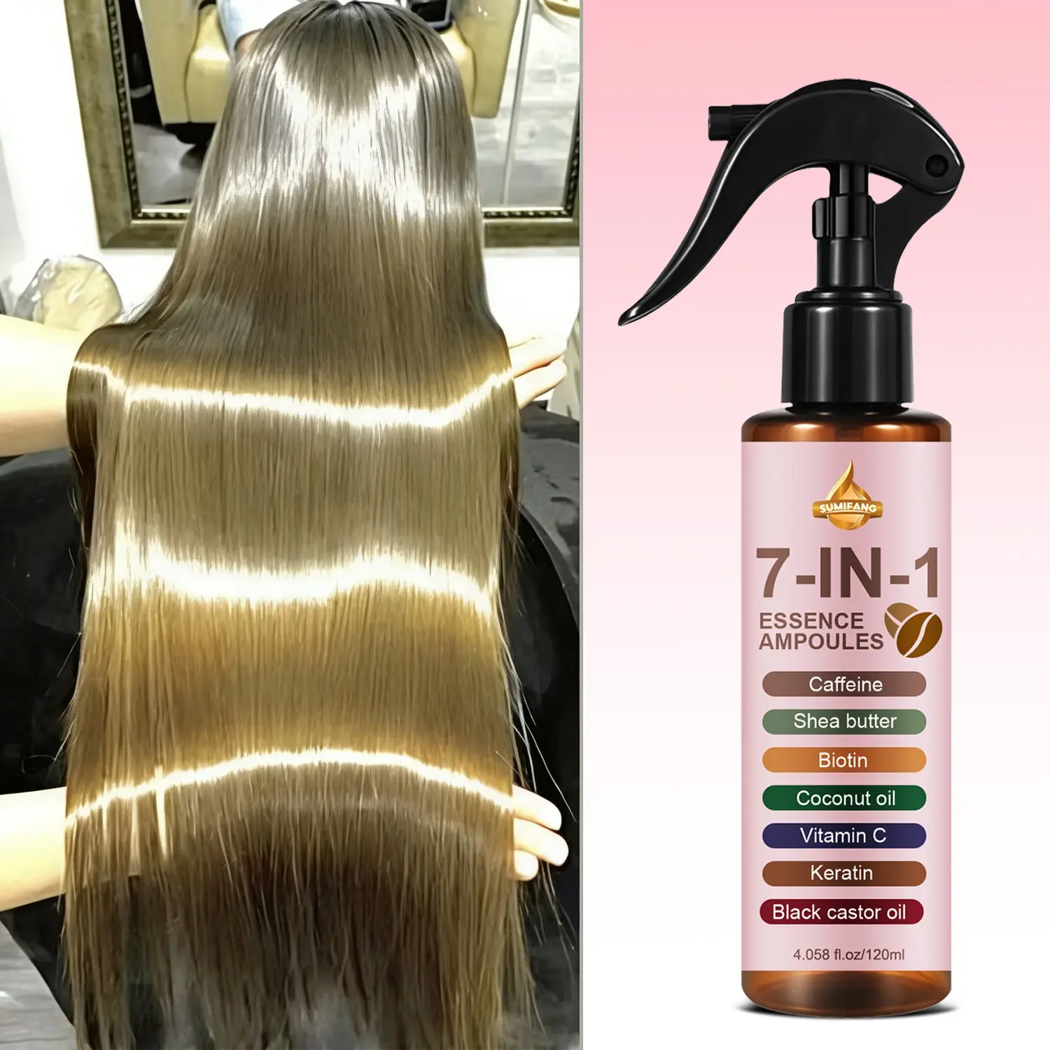 SUMIFANG 7-in-1 Essence Hair Oil Spray (120ml), Hair Nourishing Oil, Caffeine + Biotin + Keratin + Black Castor Oil, Deep Hydration, Hair Shiny Moisturizer, Anti Frizz Control Spray, Leave-in Spray Formula: Smooths Frizz for Silky-Smooth Hair