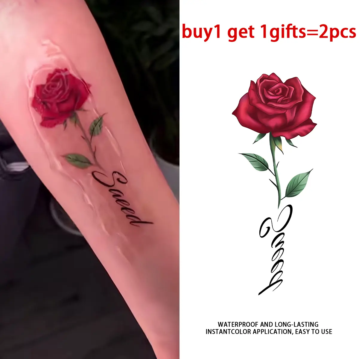 Red Rose Sweet Cursive Temporary Tattoo Stickers - 2 Sheets Semi-Permanent Waterproof Realistic Fake Tattoos, For Women All Skin Types Ideal for Dating, Party
