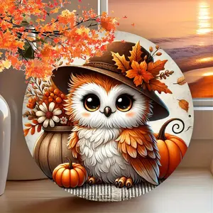Owl And Pumpkin Metal Wall Art Decor Weatherproof Outdoor Indoor Plaque Rustic Round Sign For Living Room Cafe Restaurant Apartment Garden Patio Home